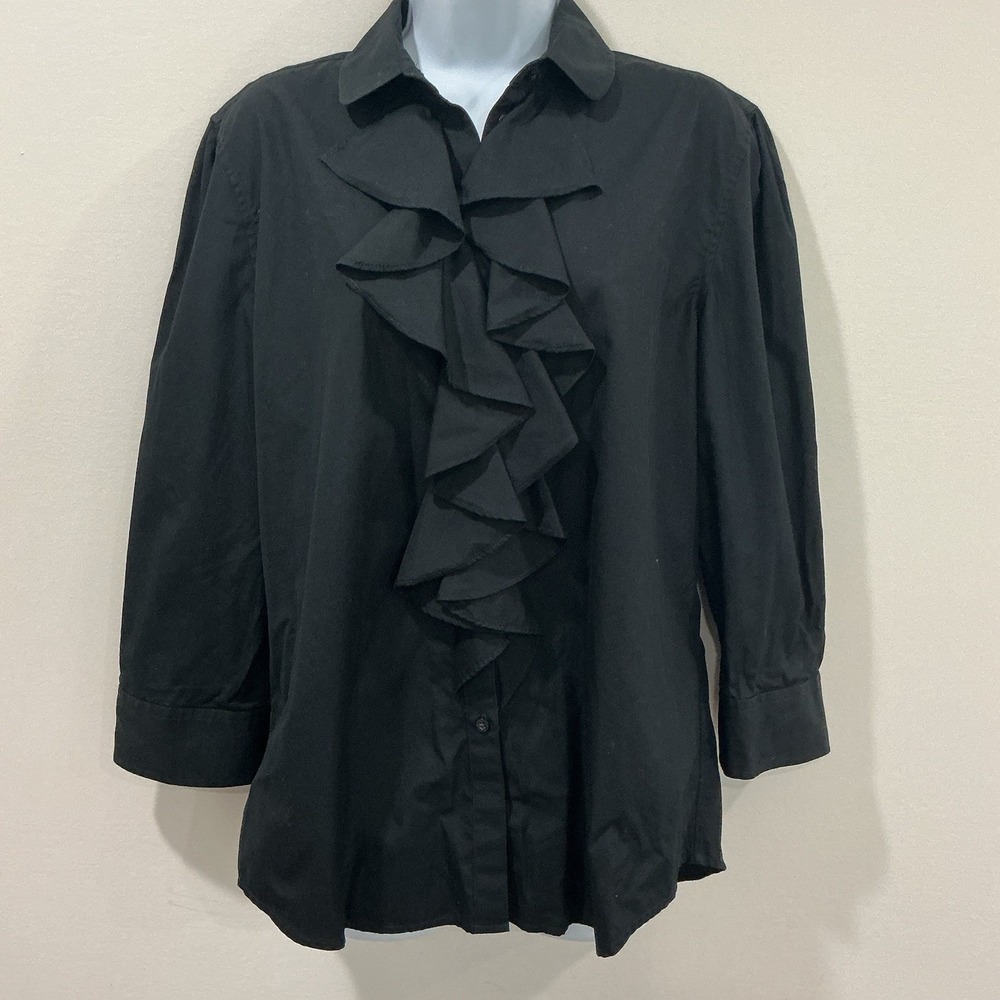 Lauren Ralph Lauren Women's Ruffle Button Front Shirt Black Size L